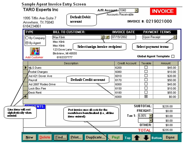 Sample Agent Invoice Entry Screen