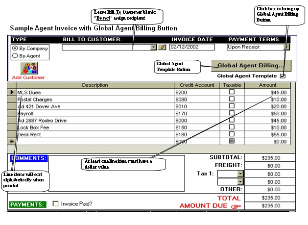 Sample Agent Invoice with Global Agent Billing Button