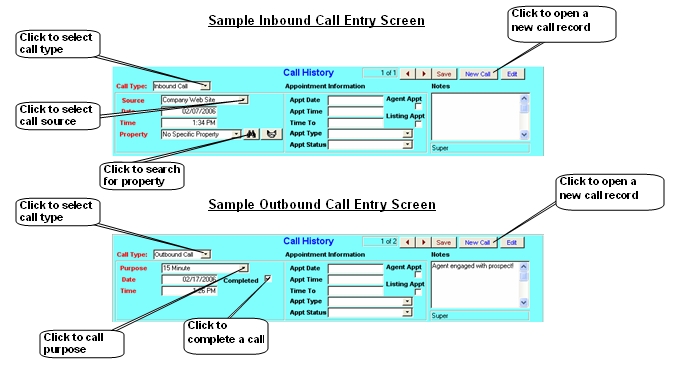 Sample Inbound/Outbound Call Entry Screen