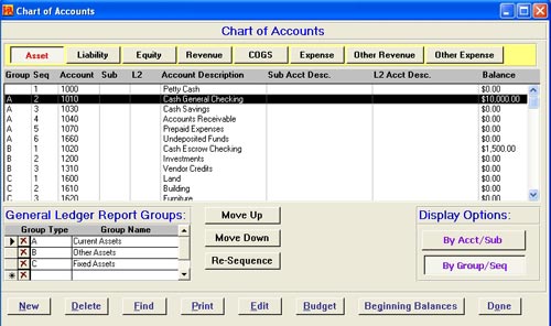 Pro Gold XP Chart of Accounts Screen
